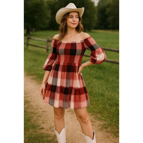 205 Collins Dresses & Skirts - 205 Collins Red Plaid Smocked Off Shoulder Flare Mini Dress Cottagecore Westernn